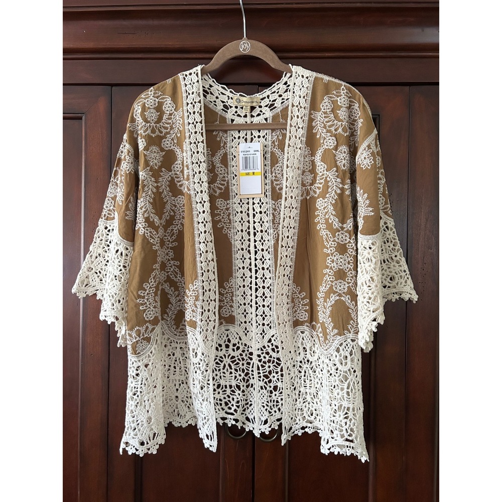 NWT Democracy Women Embroidered Crochet Lace Kimono Cardigan Shrug Bronze Gold M - Picture 11 of 11